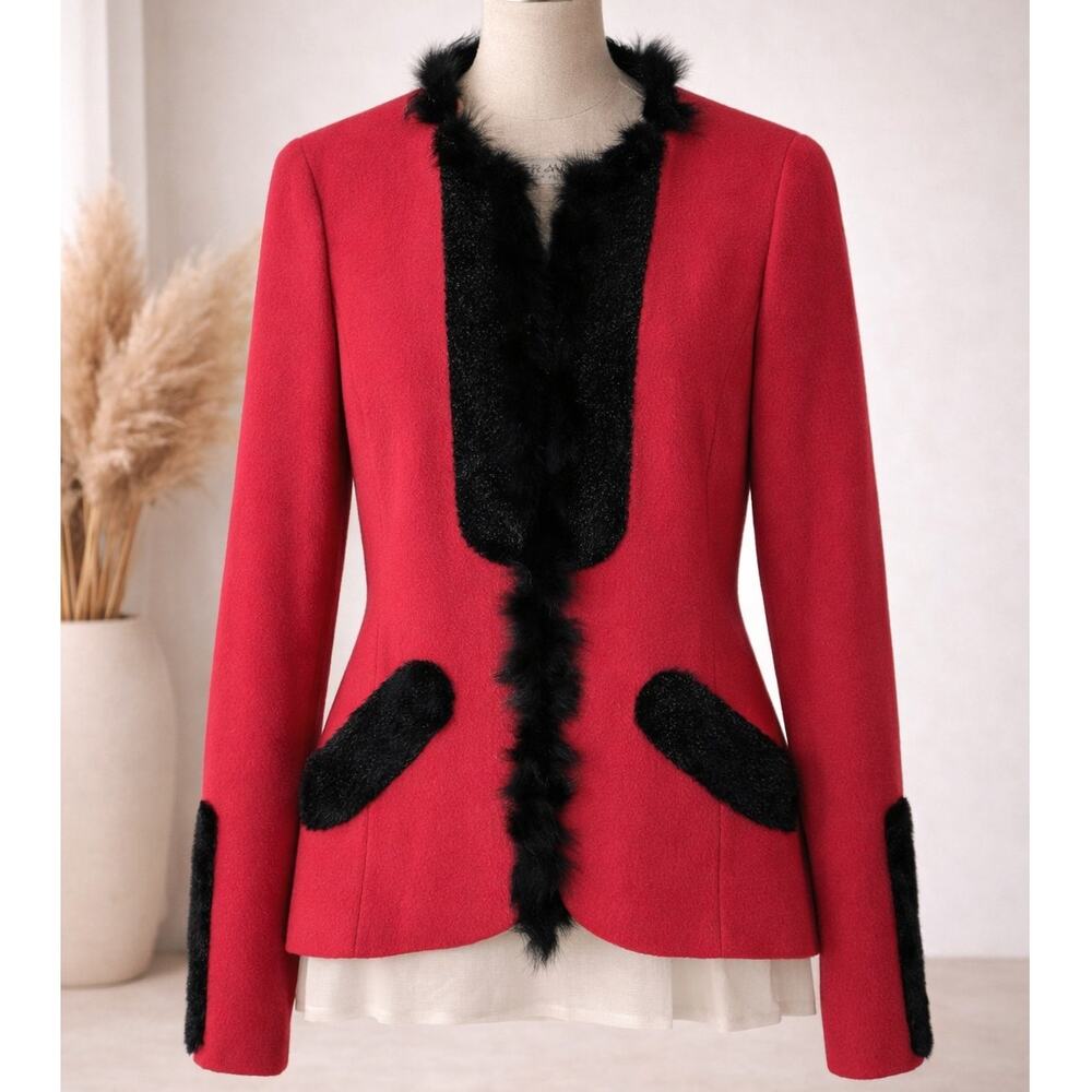 Claude Patrick Paris Red Wool Jacket Persian Lamb Mink Trim Size 44 France